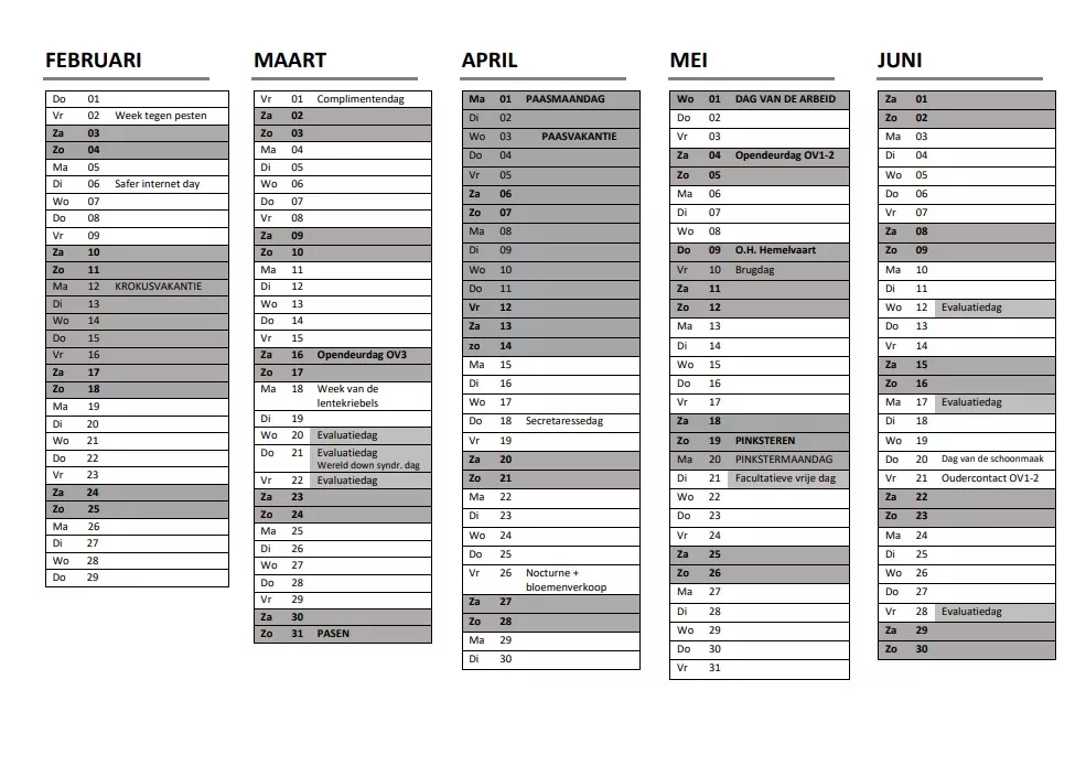 Schoolkalender februari - juni -  - Kalender