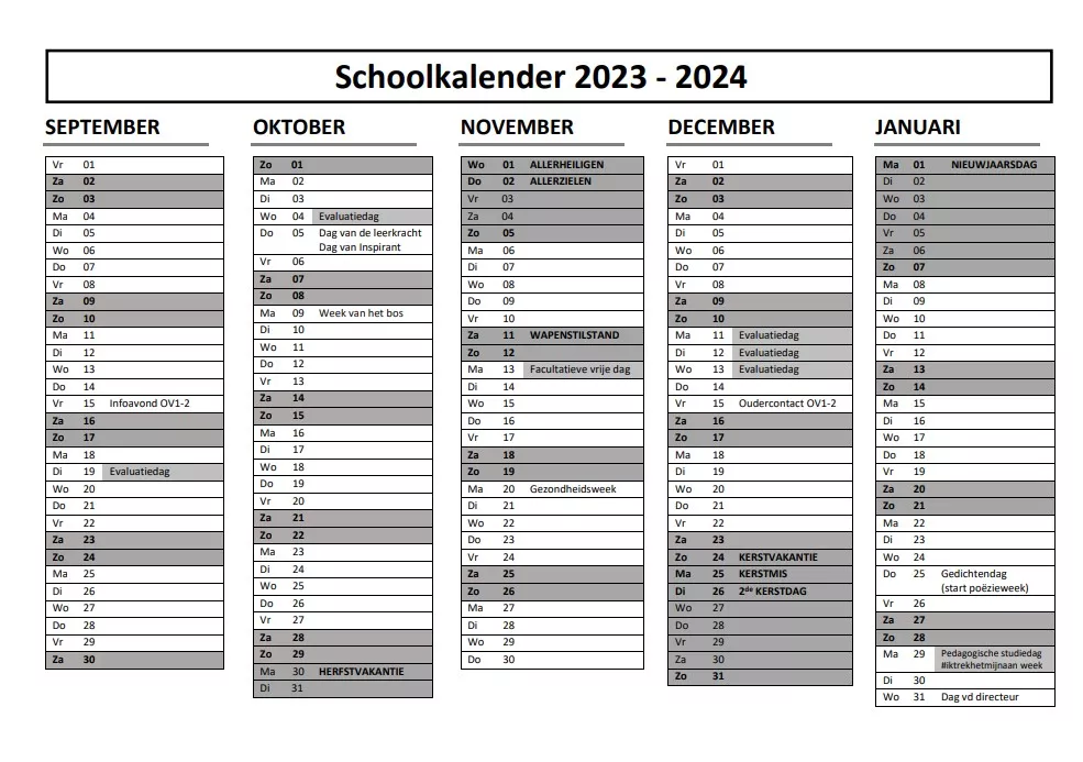Schoolkalender september - januari -  - Kalender
